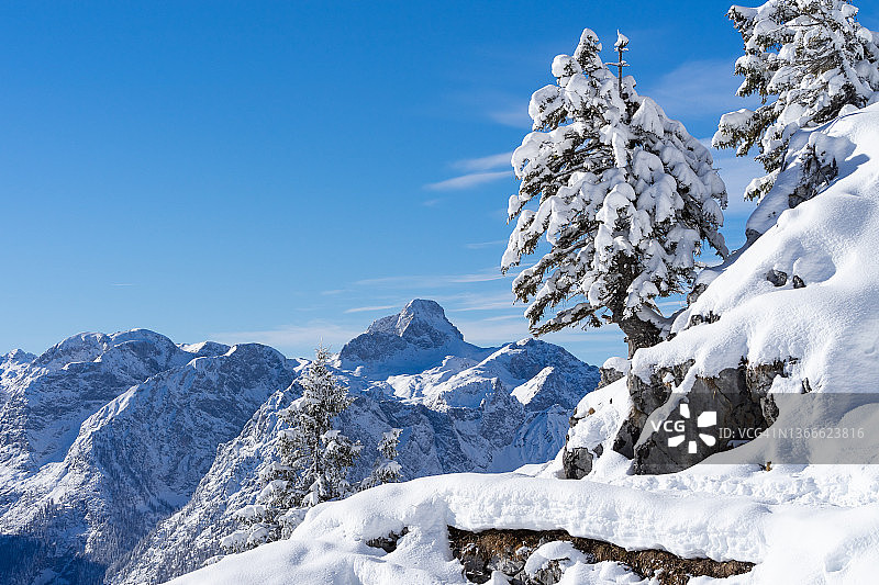 白雪覆盖的徒步旅行路径在一个美丽的冬日詹纳山图片素材