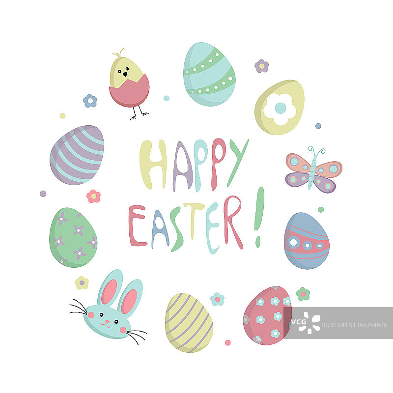 复活节贺卡快乐。复活节元素矢量集合设计。矢量插图在柔和的颜色:复活节彩蛋，可爱的兔子，鸡，蝴蝶。图片素材
