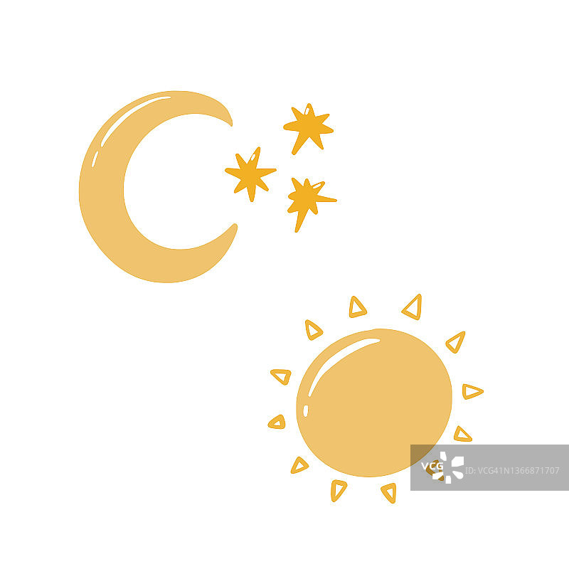 太阳、月亮和星星孤立在白色上。日夜抽象概念矢量涂鸦风格插图集。床头平面卡通图标设计元素图片素材