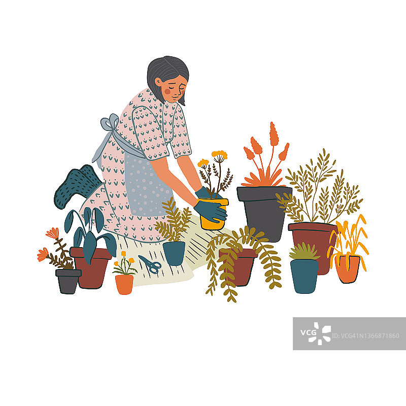 手绘的小女孩在花盆里种花。可爱的女人移植植物，做园艺，为春天做准备。家庭爱好，休闲观念。矢量图图片素材