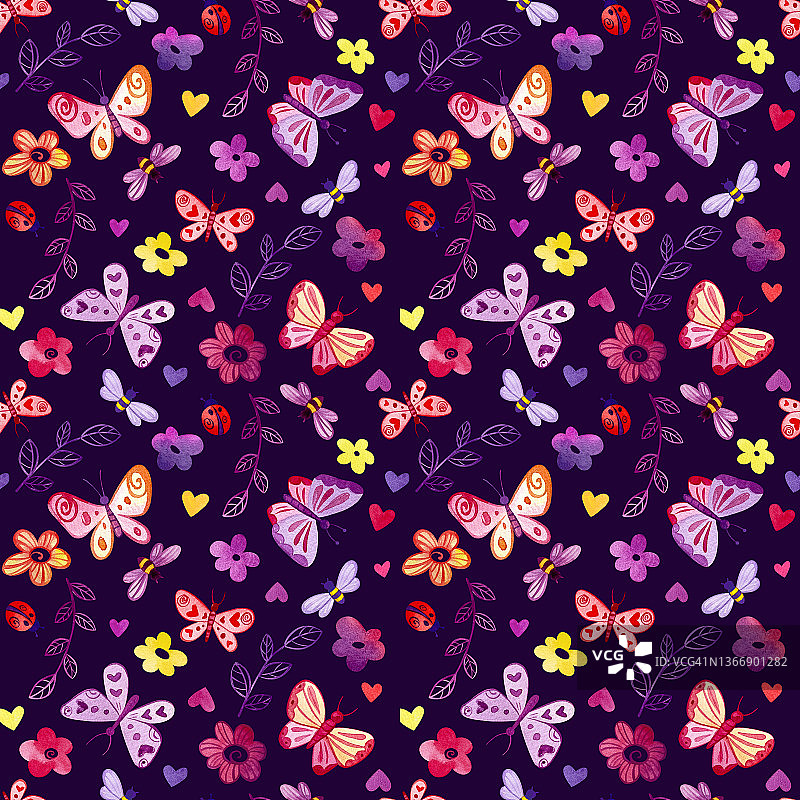 蝴蝶，花，树枝，蜜蜂和瓢虫在黑暗的背景水彩图案。图片素材