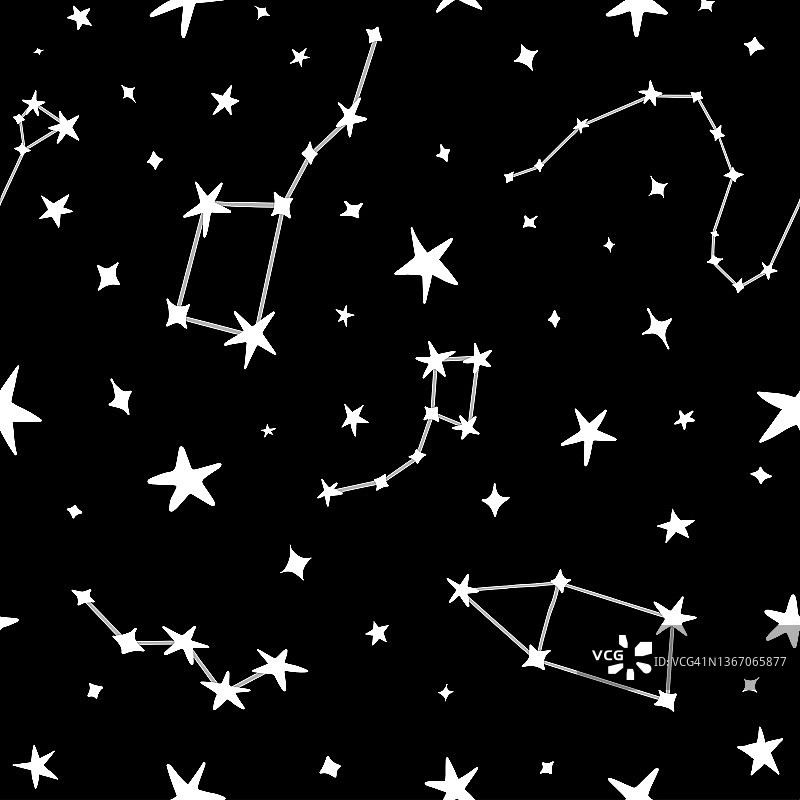 无缝的星星图案在平坦的风格。行星和恒星的图案。矢量黑色背景，完美的织物，纺织品，墙纸，包装纸图片素材