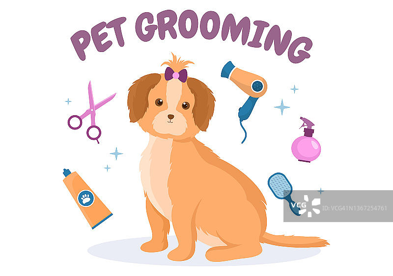 宠物美容的狗和猫在平面卡通手绘背景插图。用于美容院海报或横幅的主要工具图片素材