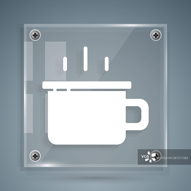 白色咖啡杯图标孤立在灰色背景上。茶杯。热喝咖啡。方形玻璃面板。向量图片素材