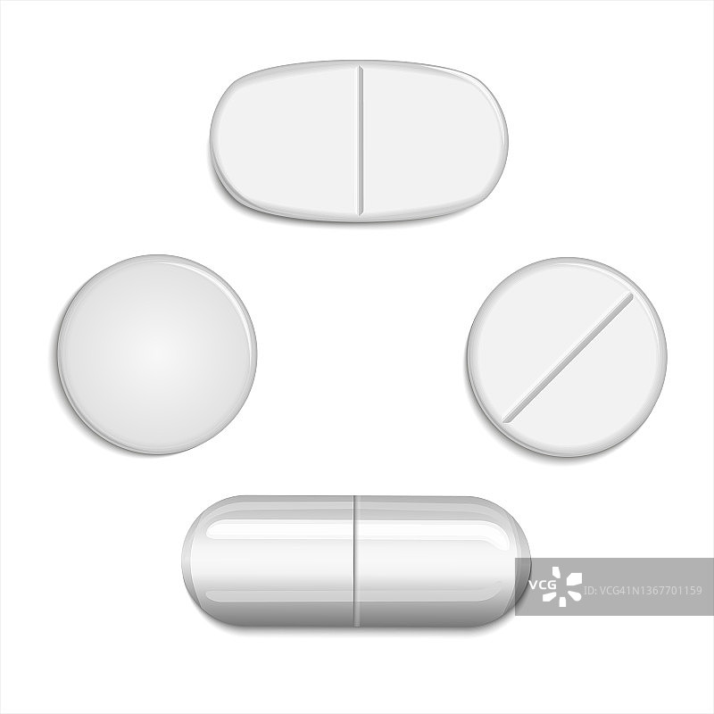 收藏椭圆形、圆形和胶囊状的药片。矢量插图的药物和药物。医药药物，胶囊和药丸现代3d现实。图片素材