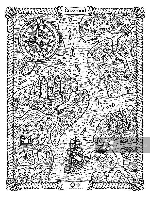 十字路口卡从甲骨文老海军莱诺曼德甲板与旧地图和船。航海复古背景，着色书页面，t恤和纹身矢量图形，海盗冒险概念。图片素材