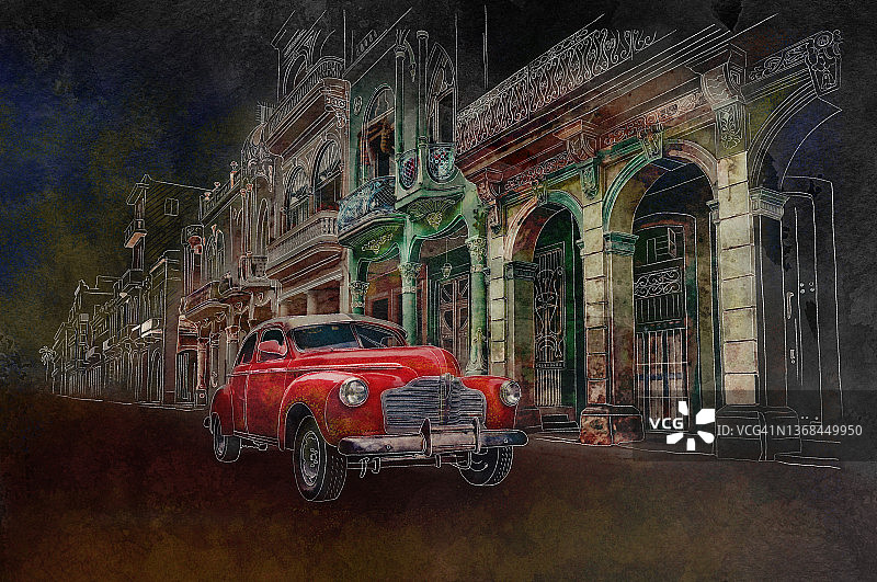 老爷车在古巴哈瓦那旧时的水彩画图片素材