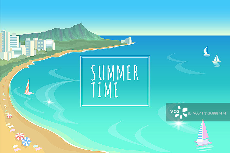 夏威夷海湾碧水蓝天夏日旅游度假背景。船沙滩伞炎热的一天场景景观视图矢量插图图片素材