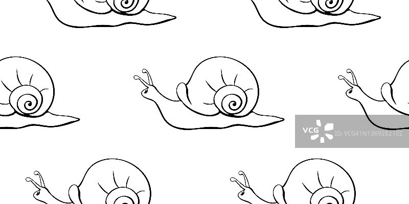矢量无缝模式轮廓可爱的蜗牛素描风格，涂鸦与螺旋壳，侧视图，孤立。自然背景和纹理图片素材