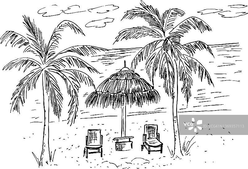 巴厘岛海滩。草图热带景观棕榈树和小屋。矢量插图图片素材