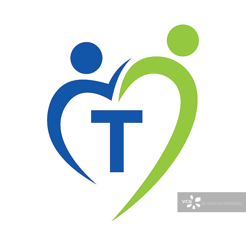 社区护理标志在字母T向量模板。团队合作，心，人，家庭关怀，爱的标志。慈善基金会创意慈善捐款以T字签名图片素材