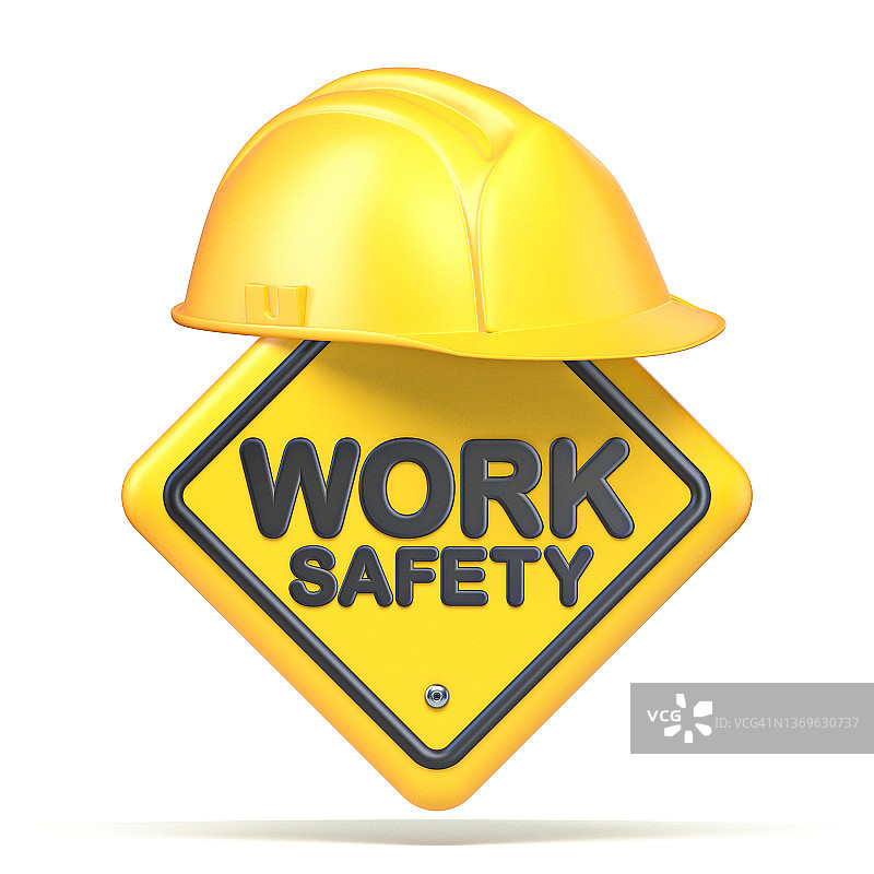 黄色安全帽和3D工作安全标志图片素材
