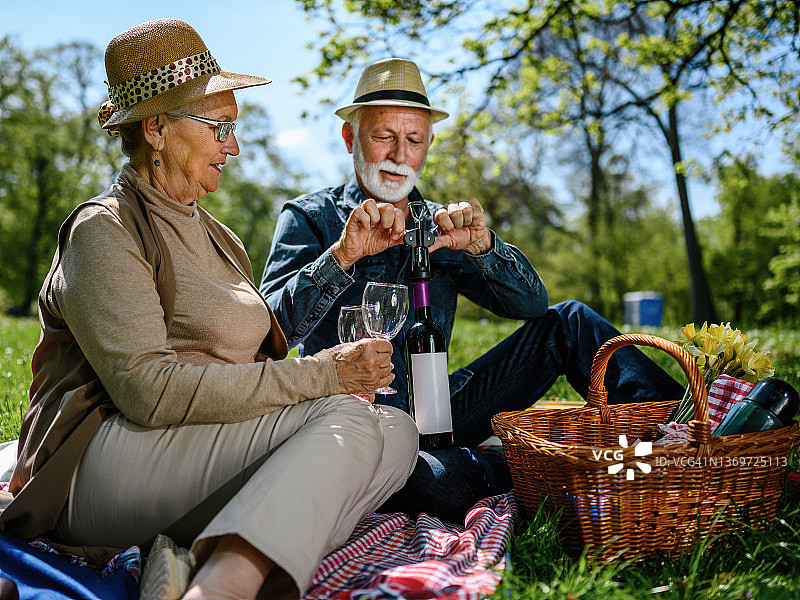 老夫妇喝着酒，享受着野餐。图片素材