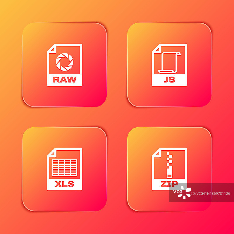 设置RAW文件文档，JS, XLS和ZIP图标。向量图片素材