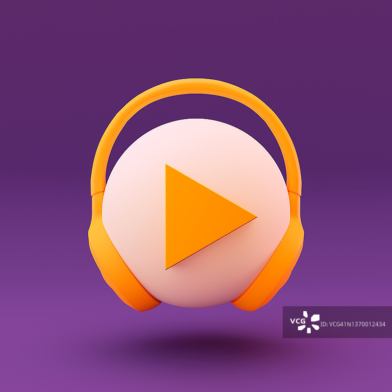 黄色耳机与球体和按钮播放音乐，书籍，播客在紫色的背景。3 d渲染。图片素材