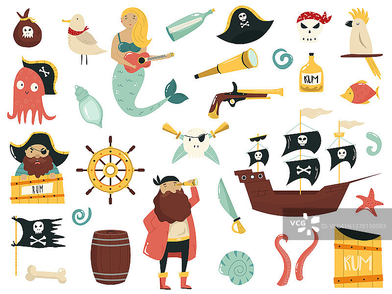 卡通向量集元素和象征海盗船，剑，头骨，帽子图片素材
