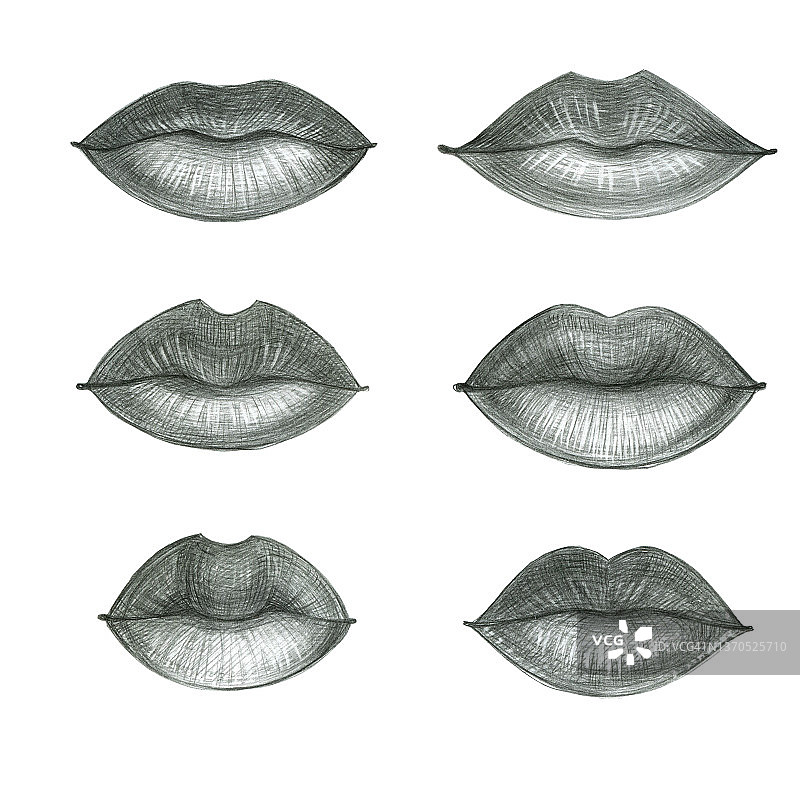女性嘴唇的多样性美丽形状。一个石墨铅笔孤立在白色背景上的插图。图片素材