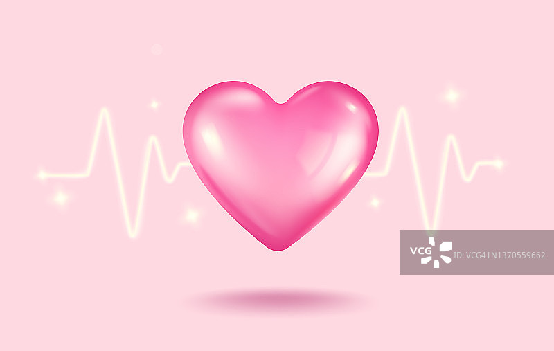 矢量图标的粉红色的心与脉冲的情人节在现实的3d风格。图片素材