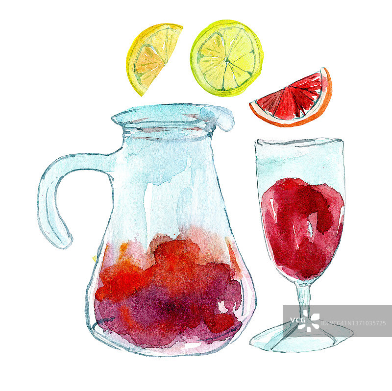 水彩手绘桑格利亚汽酒在玻璃瓶和玻璃。自制果酒的插图。图片素材