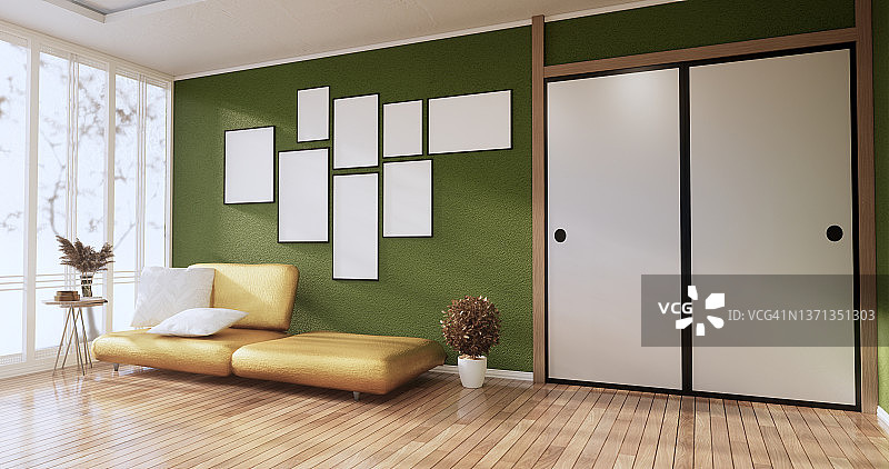 室内，客厅现代极简主义有沙发和植物，绿色墙壁上的灯和花岗岩瓷砖地板。三维渲染图片素材