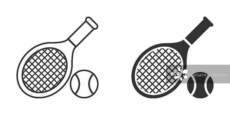 网球拍图标在平坦的风格。孤立的背景上的游戏网拍矢量插图。体育活动标志经营理念。图片素材