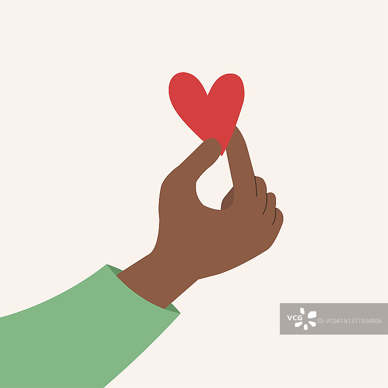 一个手握心脏的平面矢量卡通插图。慈善理念，捐款。图片素材