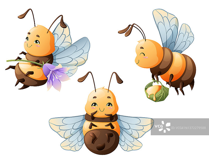 一组卡通飞行的蜜蜂。可爱的昆虫花和蜜。儿童矢量插画，用于书籍、服装等的设计图片素材
