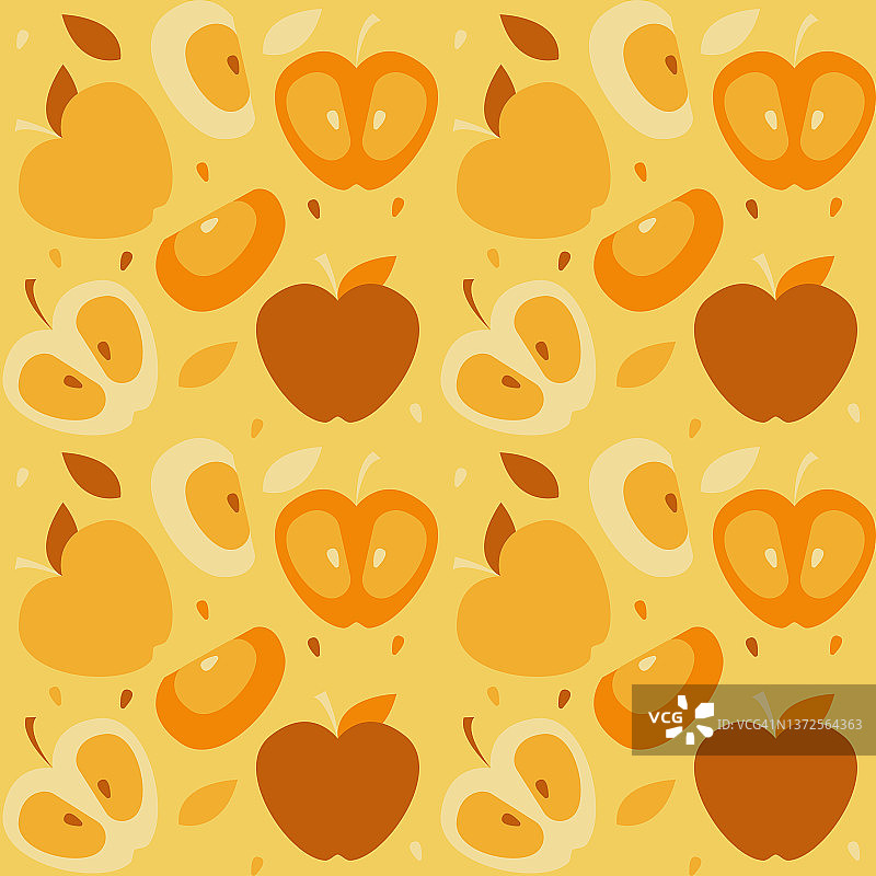 无缝的图案与成熟的苹果片在明亮的黄色背景图片素材