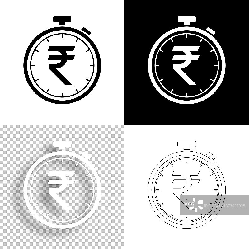 带有印度卢比标志的秒表。图标设计。空白，白色和黑色背景-线图标图片素材