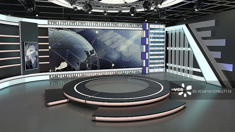 虚拟电视演播室。绿屏背景。三维渲染图片素材