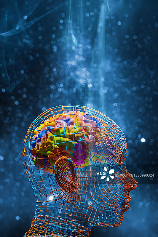 彩色的创造性大脑在人的线框头。创造力，学习和科学背景。3 d渲染。图片素材