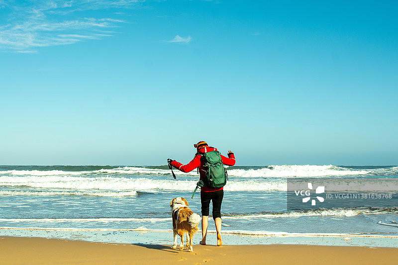 年轻女子的后视图与她的狗在冬天的海滩上图片素材