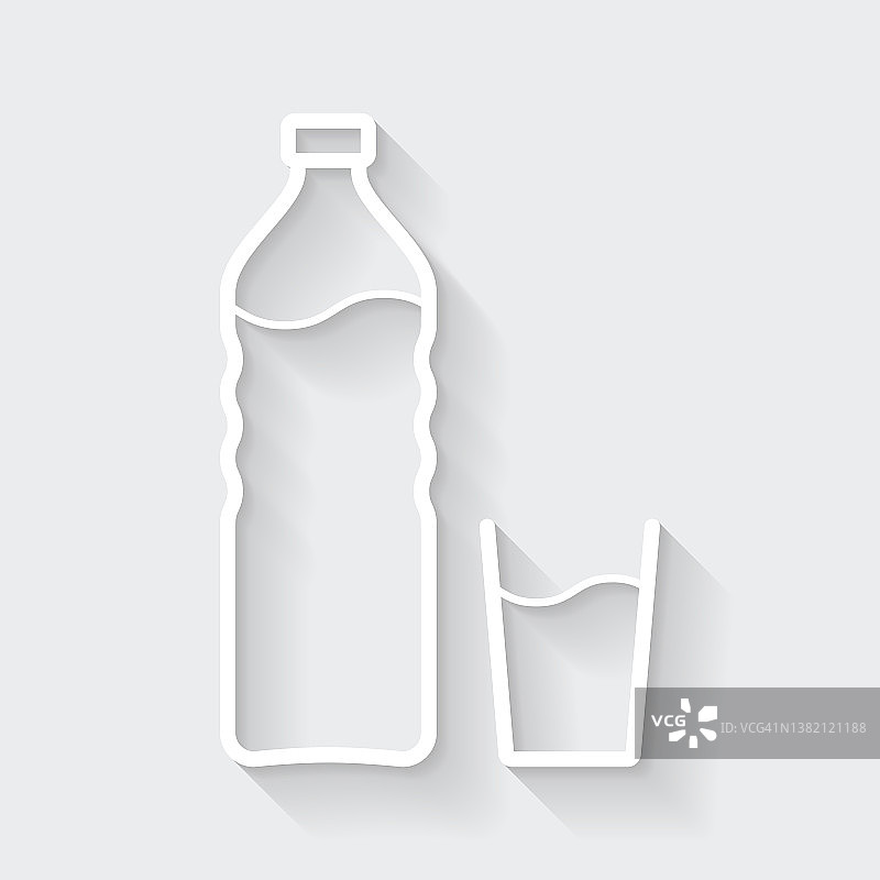 一瓶和一杯水。图标与空白背景上的长阴影-平面设计图片素材