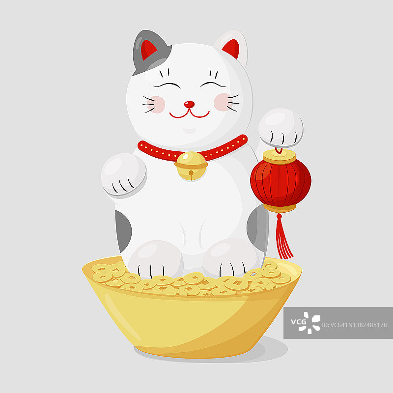 Maneki neko猫在白色背景。卡通矢量插图。平的风格。有趣的玩具。传统亚洲孤立对象图片素材
