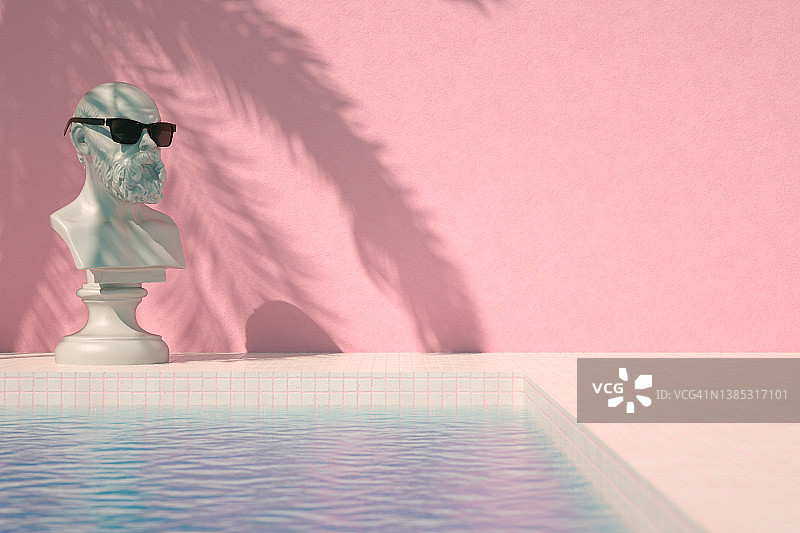 半身像雕塑带着太阳镜在游泳池度假旅游的背景棕榈树的阴影图片素材