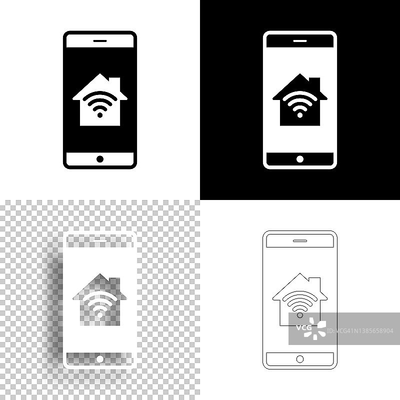 智能手机和智能家居。图标设计。空白，白色和黑色背景-线图标图片素材