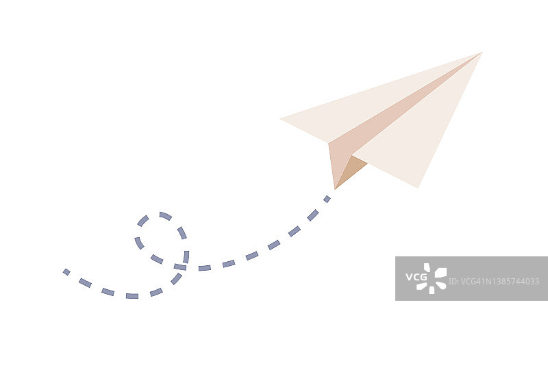 纸飞机在飞行。折纸飞机图标。飞机航线以虚线形式表示。矢量平面插图图片素材
