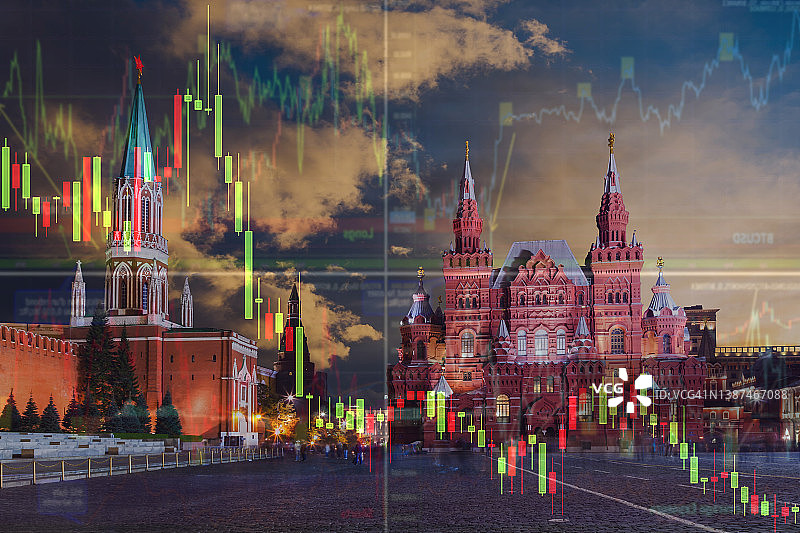 红场，莫斯科克里姆林宫的股票图表背景。经济危机。俄罗斯图片素材