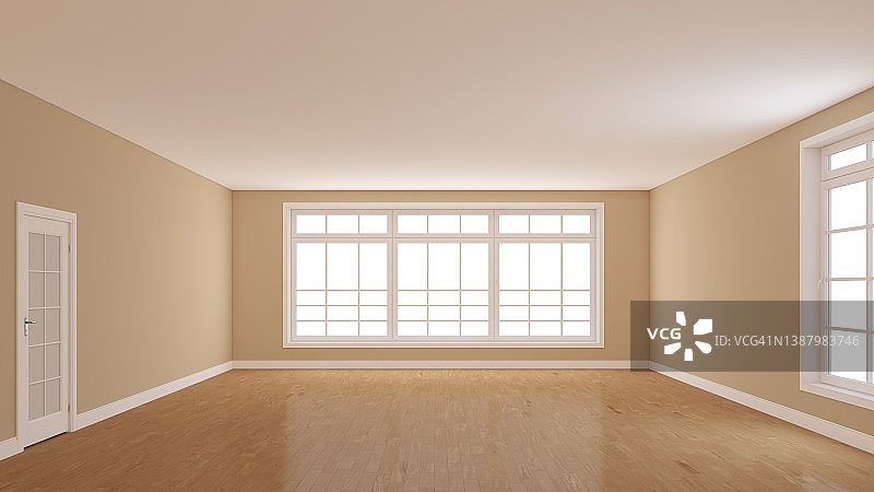 空房间的室内概念与浅木地板，米色墙壁图片素材