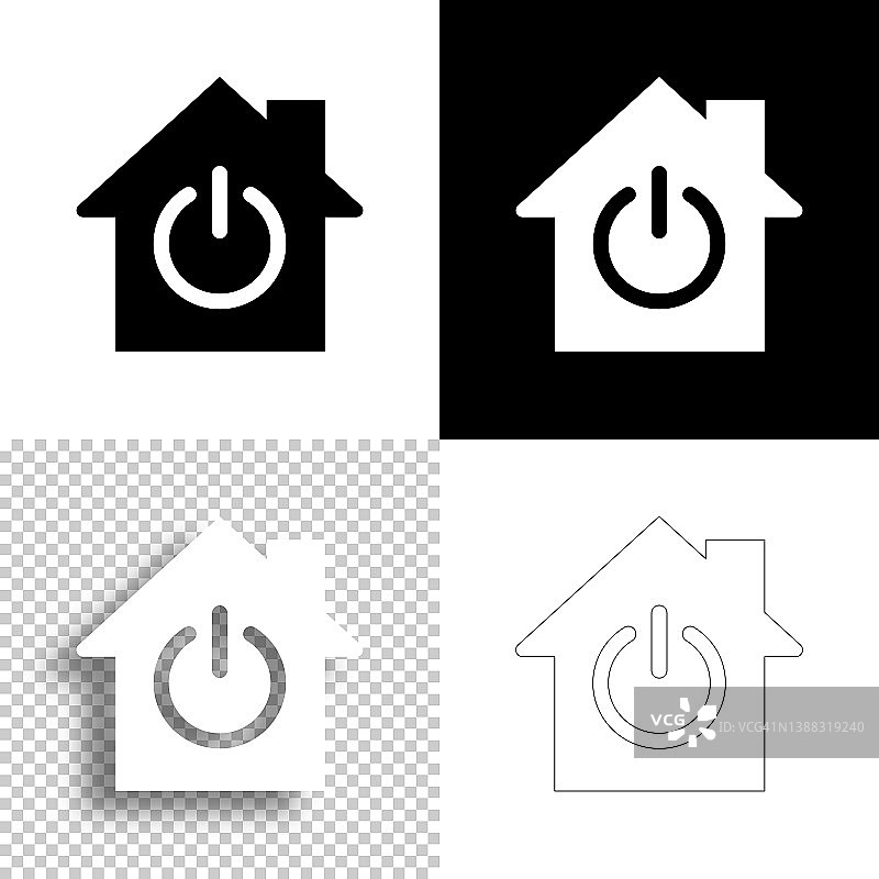 智能家居-带电源按钮的家居。图标设计。空白，白色和黑色背景-线图标图片素材