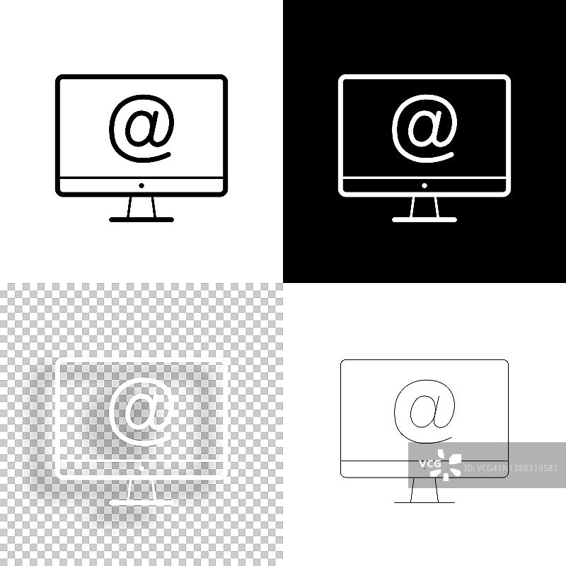 台式电脑带有At符号。图标设计。空白，白色和黑色背景-线图标图片素材