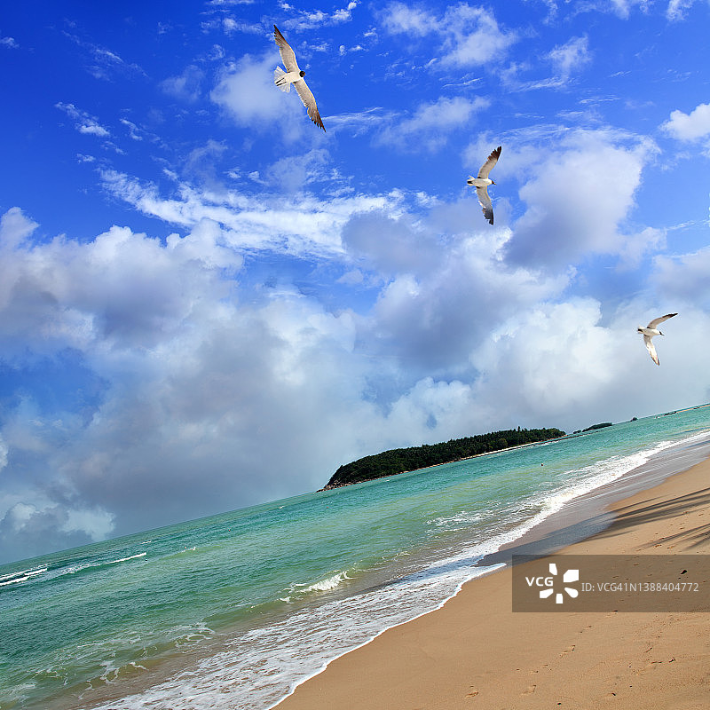 晴朗空旷的热带海景，蓝天上有沙滩和小岛图片素材