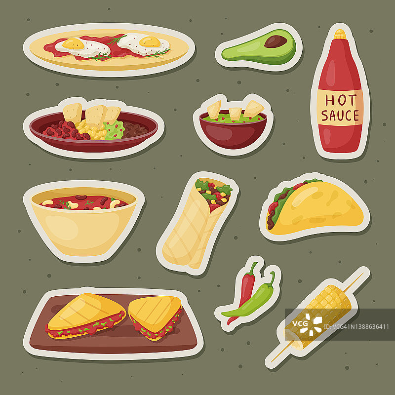 墨西哥快餐孤立矢量贴纸集。玉米饼和辣酱或鳄梨色拉酱的菜肴。图片素材