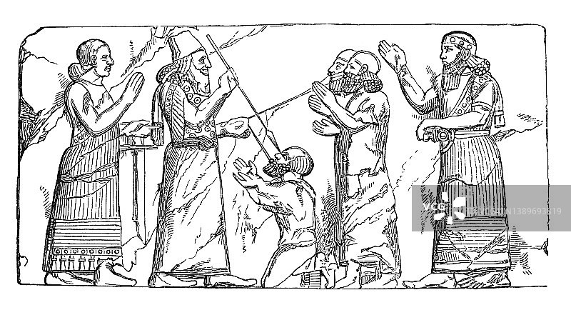 古巴比伦和亚述艺术的古老雕刻插图-从霍萨巴德的浮雕图片素材