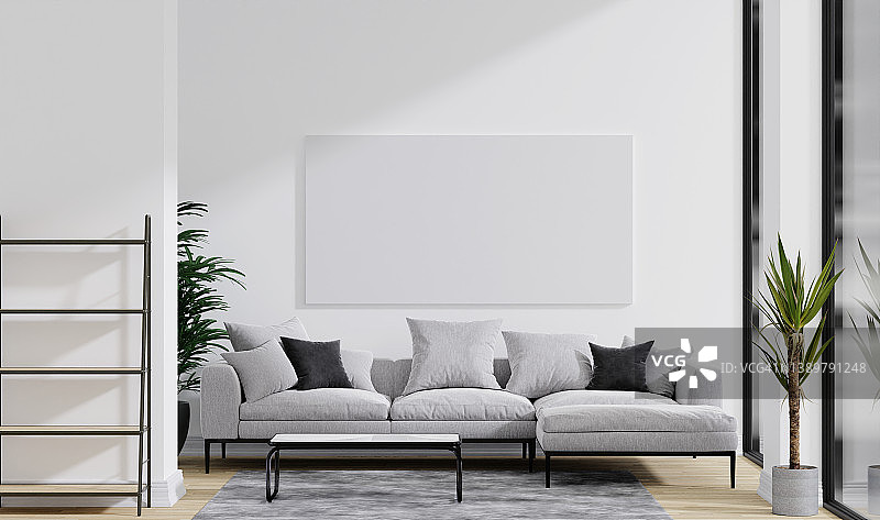 帆布照片模型在干净的极简主义房间与灰色沙发，桌子和植物。三维渲染图片素材