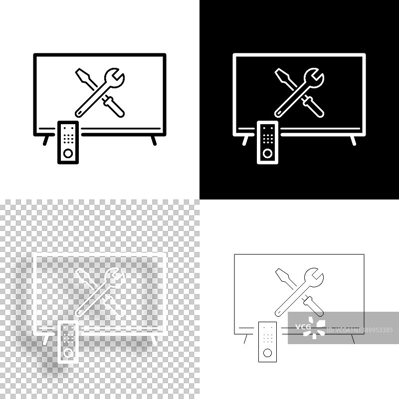电视设置-工具。图标设计。空白，白色和黑色背景-线图标图片素材