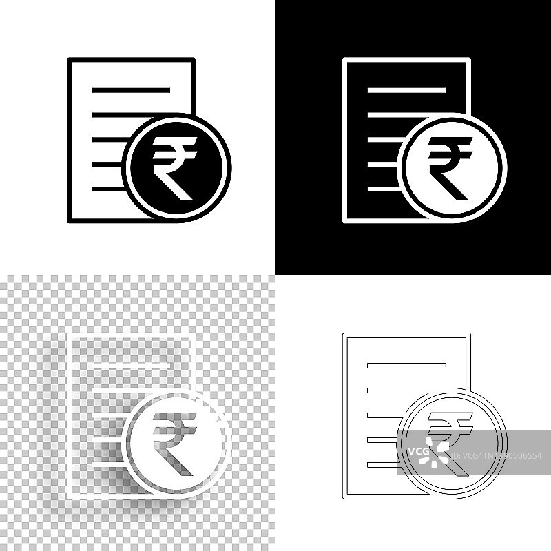 以印度卢比计价的账单或发票。图标设计。空白，白色和黑色背景-线图标图片素材