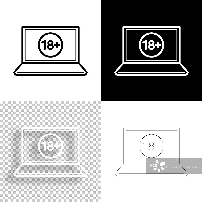 笔记本电脑与18加号(18+)。图标设计。空白，白色和黑色背景-线图标图片素材