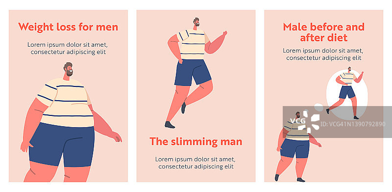 减肥，男性横幅。胖男角色行走和奔跑，阶段转换时间线图片素材
