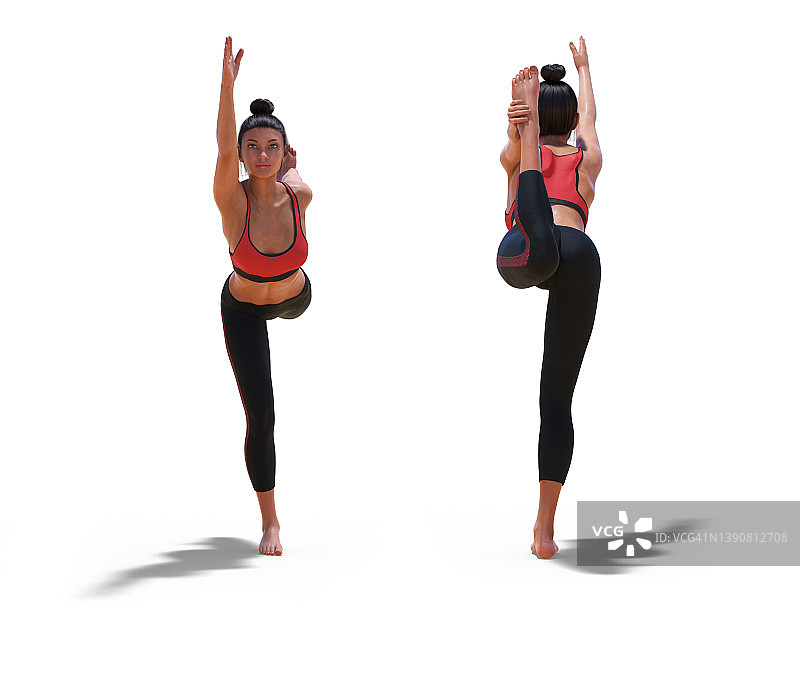 前面和后面的姿势，一个女人在瑜伽舞者姿势在白色图片素材